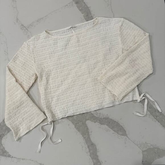 Zara Textured Long Sleeve Boatneck Tie Top Blouse Women's Small White Minimalist - Picture 1 of 7